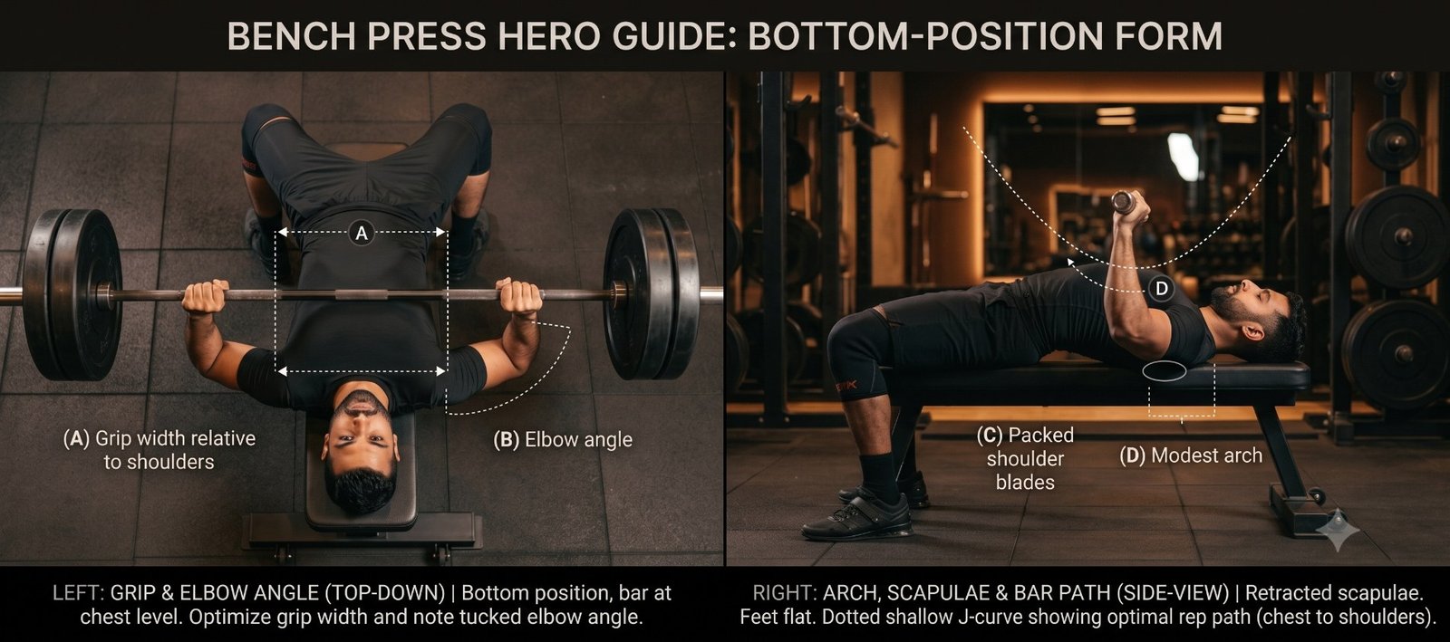 Bench press bottom position in two panels: top-down view showing grip width relative to the shoulders and tucked elbow angle, and a side view showing packed shoulder blades, a modest arch and the shallow J-curve bar path