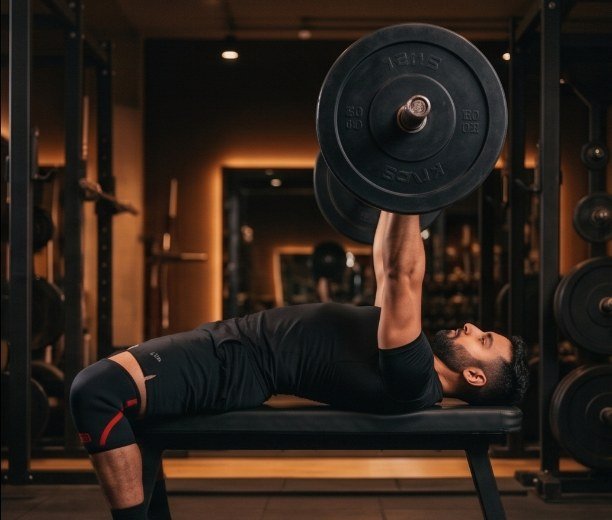 Bench press lockout from the side: elbows extended with the bar over the shoulder joint, arch and shoulder blades intact