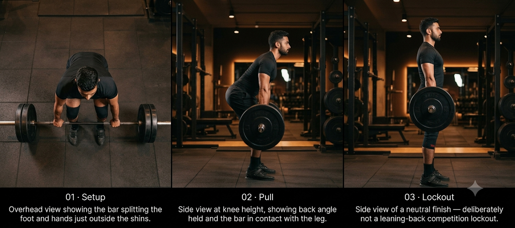 Three deadlift positions: overhead setup view showing the bar splitting the foot with hands just outside the shins, side view at knee height with back angle held and the bar in contact with the leg, and a side view of a tall neutral lockout