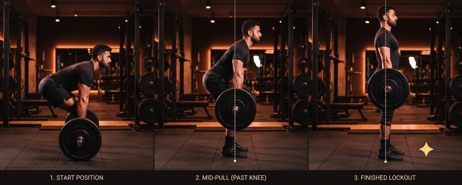 Deadlift sequence in three side-view frames: start position with the bar over mid-foot, mid-pull past the knee with hips and shoulders risen together, and a tall finished lockout, with a dotted vertical bar-path line