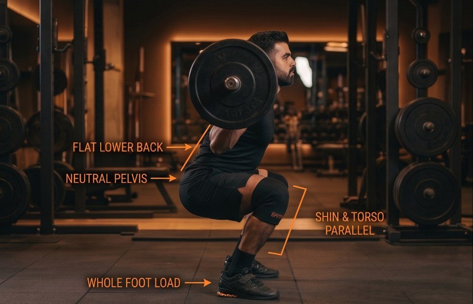 Correct squat bottom position, side view: flat lower back, neutral pelvis, shin and torso parallel, whole foot loaded