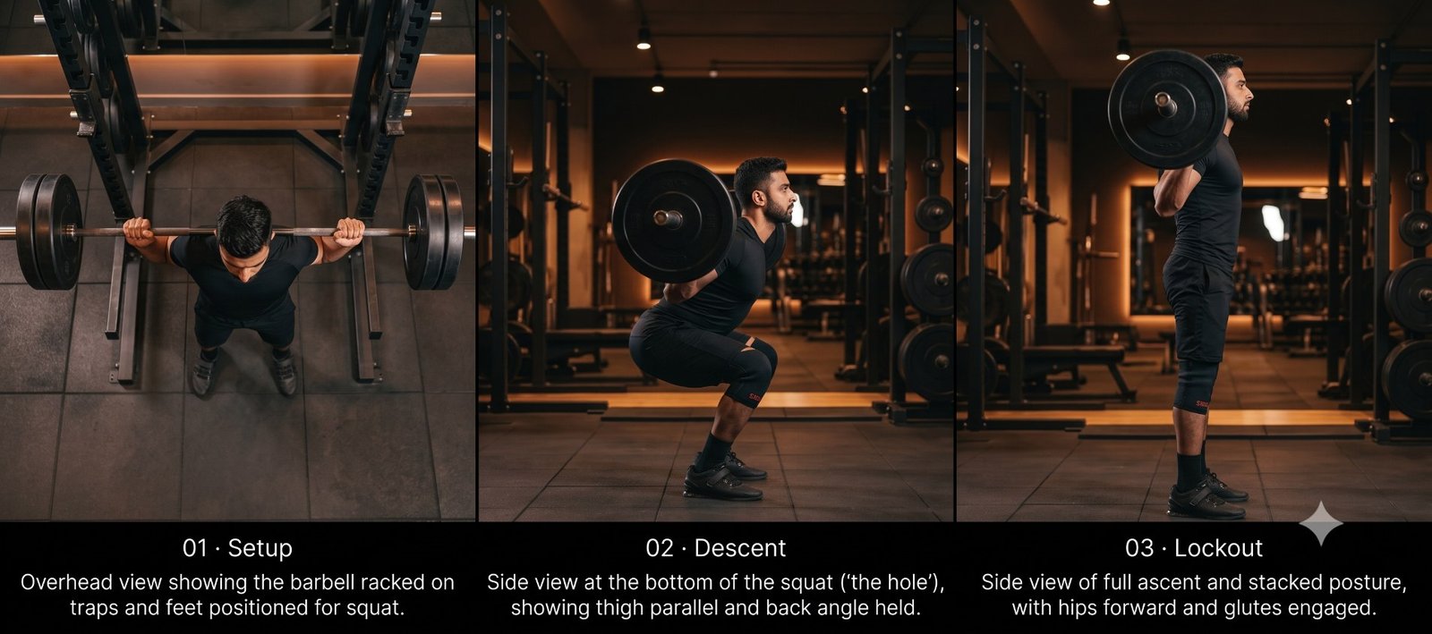 Back squat in three frames: overhead setup view with the bar racked on the traps and feet set, side view at the bottom of the squat with thighs parallel and the back angle held, and a tall lockout with hips forward and glutes engaged