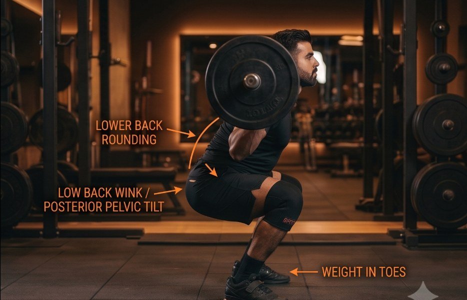 Incorrect squat bottom position, side view: lower back rounding, low back wink from posterior pelvic tilt, weight shifted into the toes